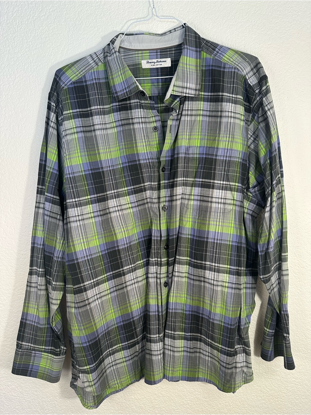 Tommy Bahama Pima Cotton Plaid Button Up Shirt Men’s XXL Gray Green